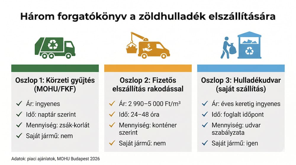 A zöldhulladék elszállításának három forgatókönyve: körzeti gyűjtés, fizetős elszállítás, hulladékudvar — összehasonlító infografika