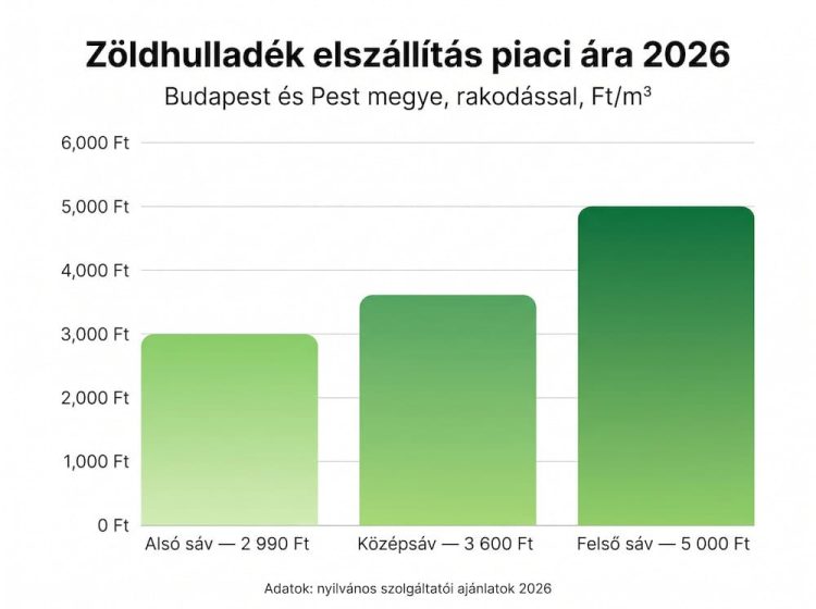 Zöldhulladék elszállítás árak 2026 Budapest és Pest megye — 2 990 Ft/m³-tól 5 000 Ft/m³-ig piaci sáv, oszlopdiagram